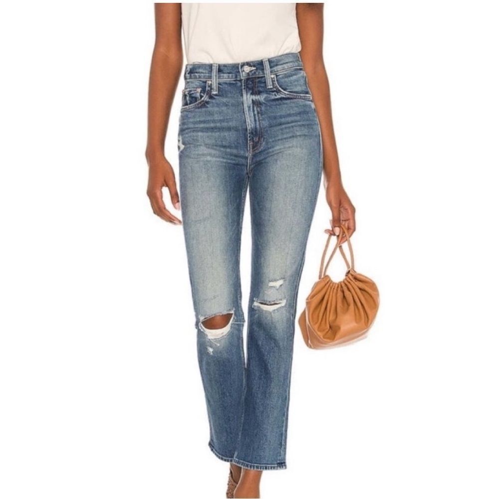 MOTHER Blue high waisted rider ankle Jeans with Distressed Details